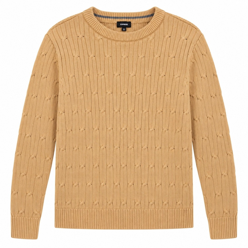 Express Cable Knit Sweater Mens Medium Tan Cotton Pullover Excellent Preppy